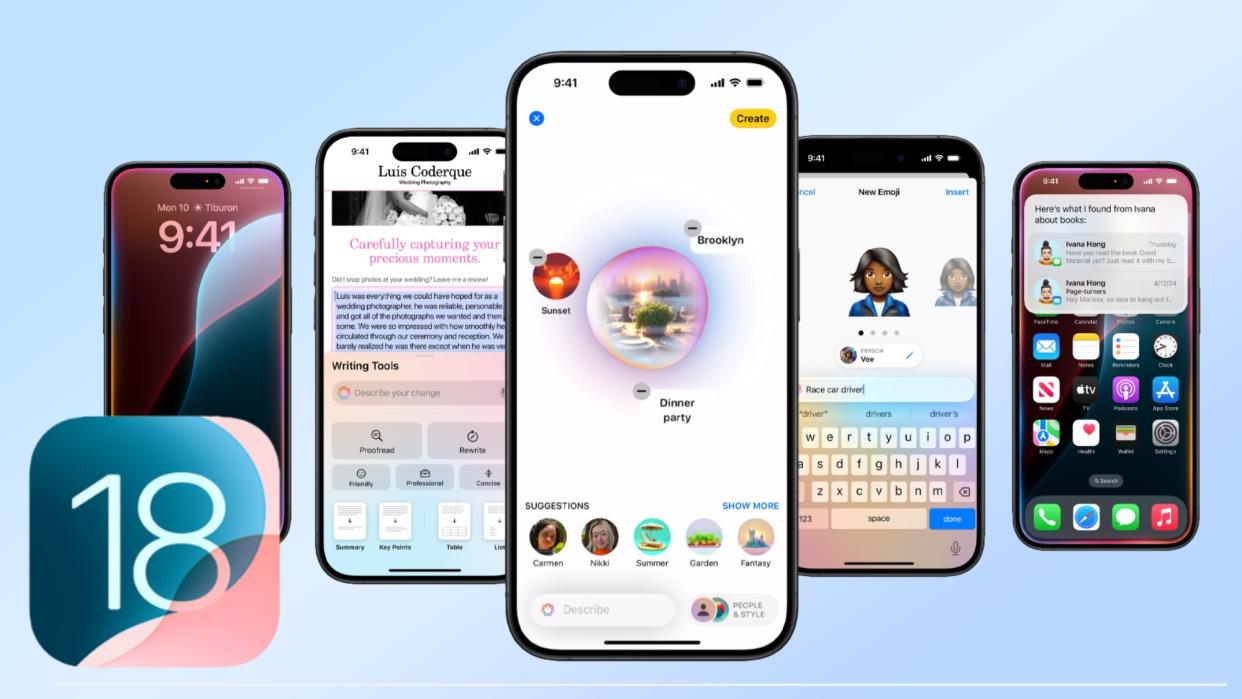  Multiple iphones with different features from iOS 18 Apple Intelligence featured. 