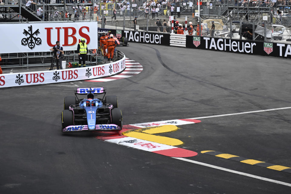 Alpine driver Esteban Ocon of France steers his car during the Monaco Formula One race, at the Monaco racetrack, in Monaco, Sunday, May 28, 2023. (Christian Bruna/Pool Photo via AP)