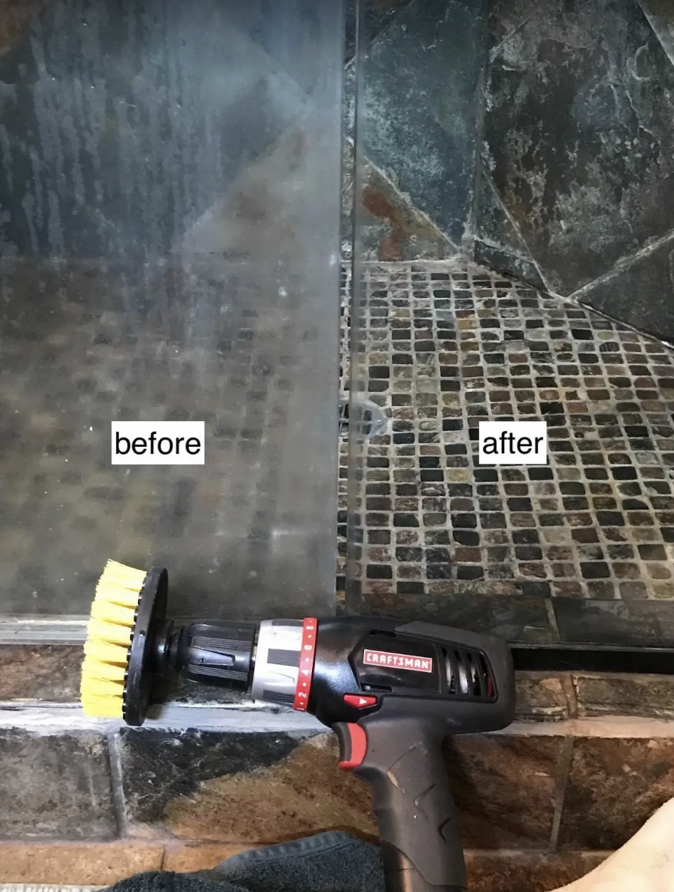 Before and after image of a shower door with hard water stains turned totally clean again 