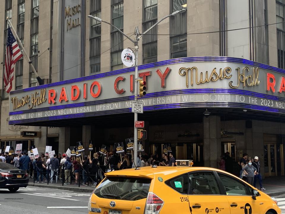 WGA picketers outside Radio City Music Hall in Manhattan (Sean Piccoli/Deadline)