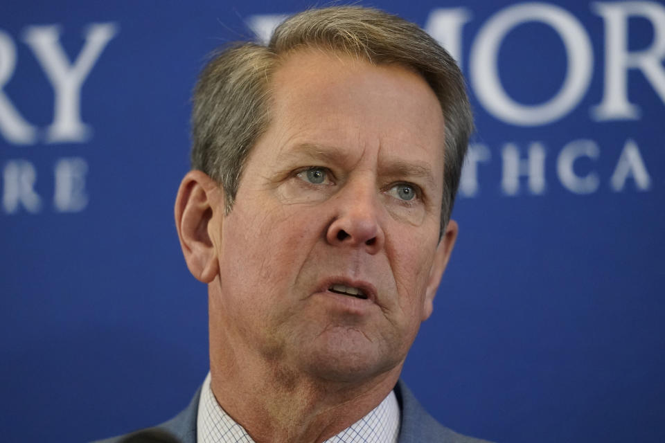 Georgia Gov. Brian Kemp speaks during a news conference on vaccines for COVID-19 at Emory Health Care Tuesday, Dec. 22, 2020, in Atlanta. (AP Photo/John Bazemore)