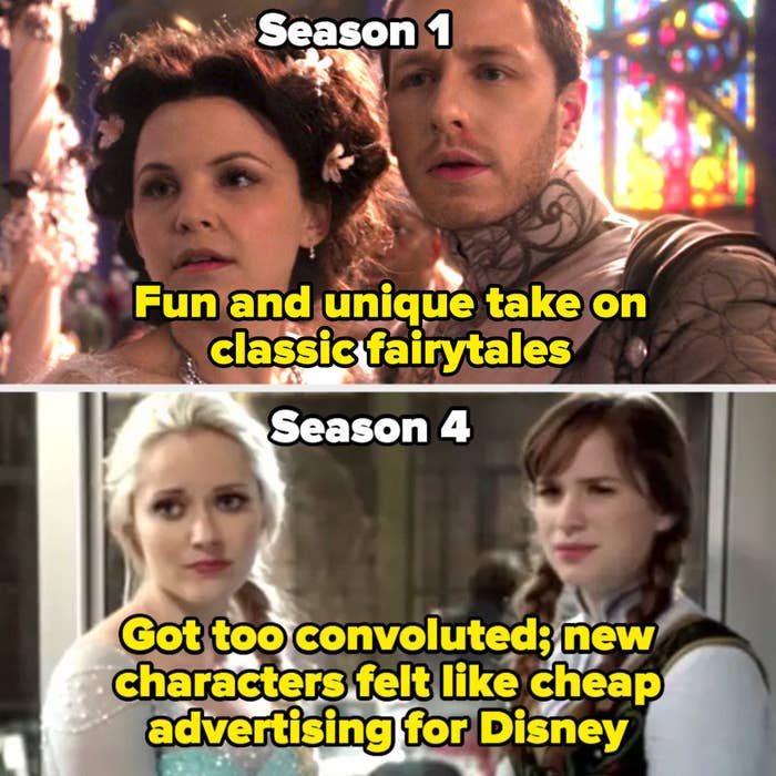 Once Upon a Time in season 1 labeled "fun and unique take on classic fairytales" and in season 4 labeled "Got too convoluted; new characters felt like cheap advertising for Disney"
