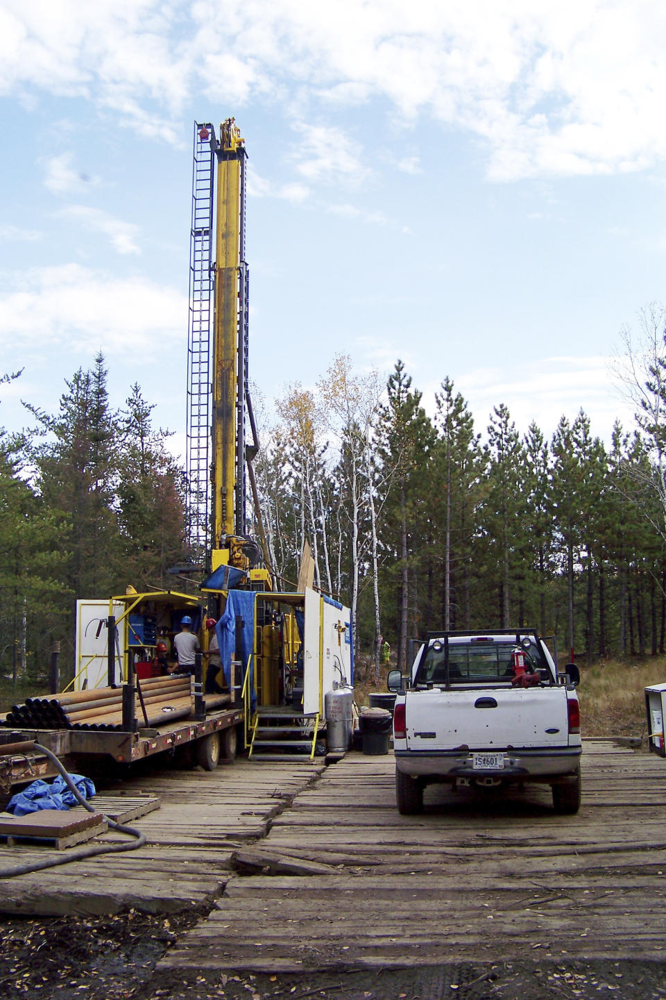 FILE - In this Oct. 4, 2011, file photo, a prospecting drill rig bores into the bedrock near Ely, Minn., in search of copper, nickel and precious metals that Twin Metals Minnesota LLC, hopes to mine near the Boundary Waters Canoe Area Wilderness in northeastern Minnesota. The Biden administration ordered a study Wednesday, Oct. 20, 2021, that could lead to a 20-year ban on mining upstream from the wilderness. (AP Photo/Steve Karnowski, File)