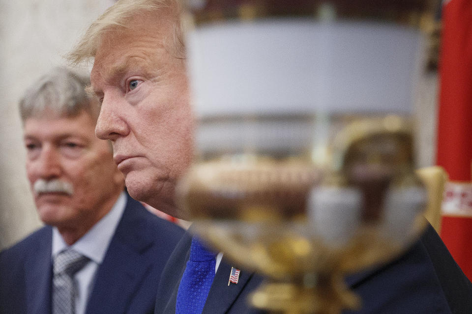 President Donald Trump delivers remarks during a meeting with former U.S. hostage in Yemen Danny Burch and his family inside the Oval Office of the White House on March 6, 2019 in Washington, DC. Burch had been held hostage by Yemani rebels for 18 months. (Photo: Tom Brenner/Getty Images)