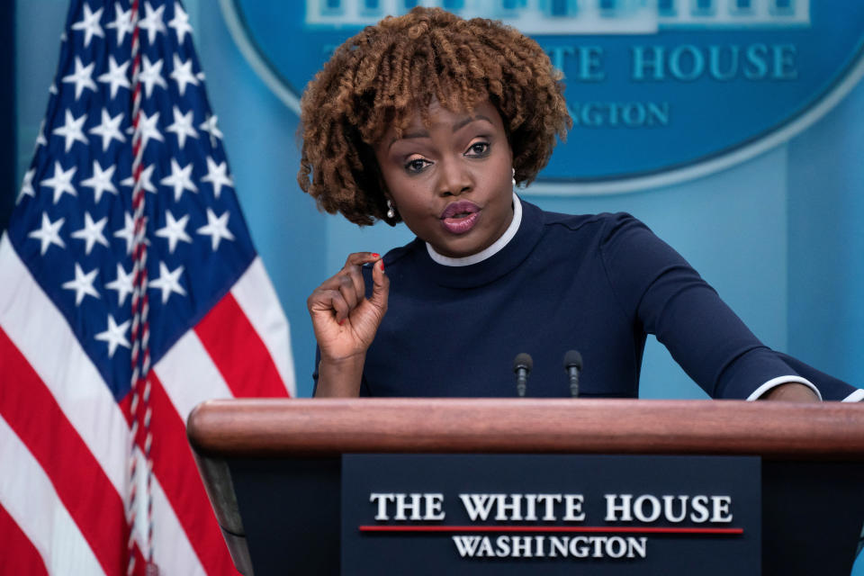 White House press secretary Karine Jean-Pierre speaks during a briefing at the White House in Washington, D.C., on Tuesday. (Nathan Howard/Reuters)