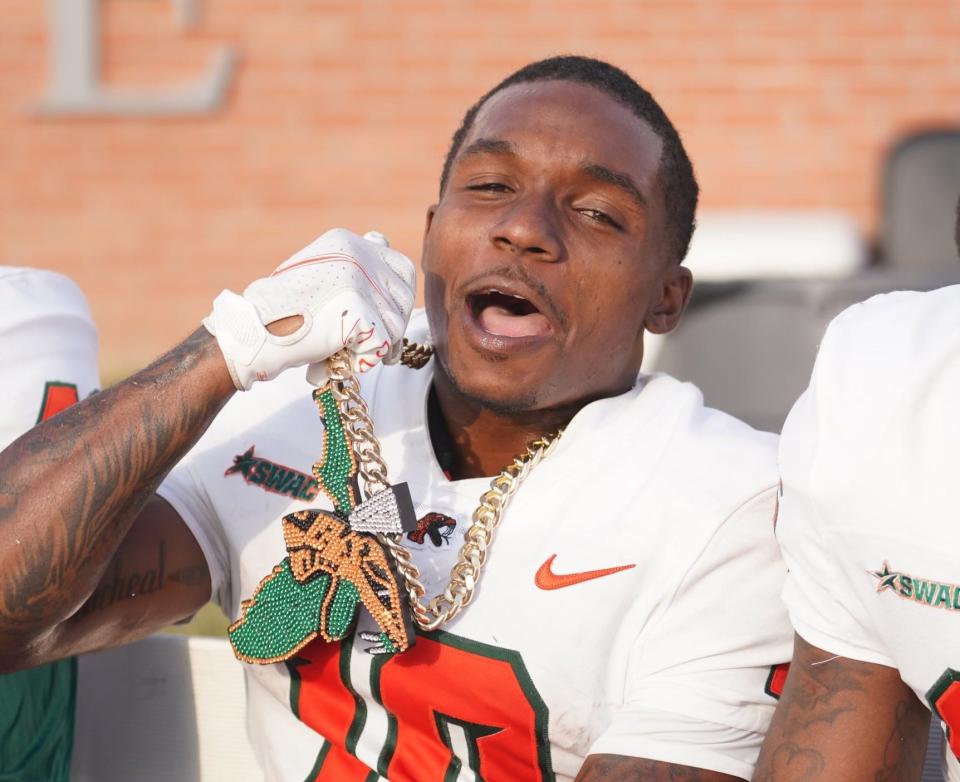 FAMU wide receiver Jah'Marae Sheread sports the Rattler touchdown chain. He had four scores in the 31-28 win over Mississippi Valley State on Saturday, Oct. 23, 2021.