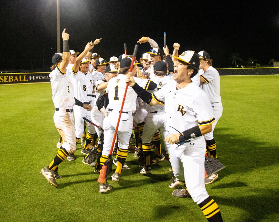 The Bishop Verot baseball team celebrates an 8-0 win during a regional playoff game against Clearwater Central Catholic at Bishop Verot on Wednesday, May 8, 2024.