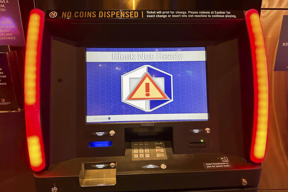 An error message is displayed on a kiosk at Aria Resort and Casino after MGM Resorts International suffered a cybersecurity attack, Monday, Sept. 11, 2023, in Las Vegas. (Daniel Pearson/Las Vegas Review-Journal via AP)