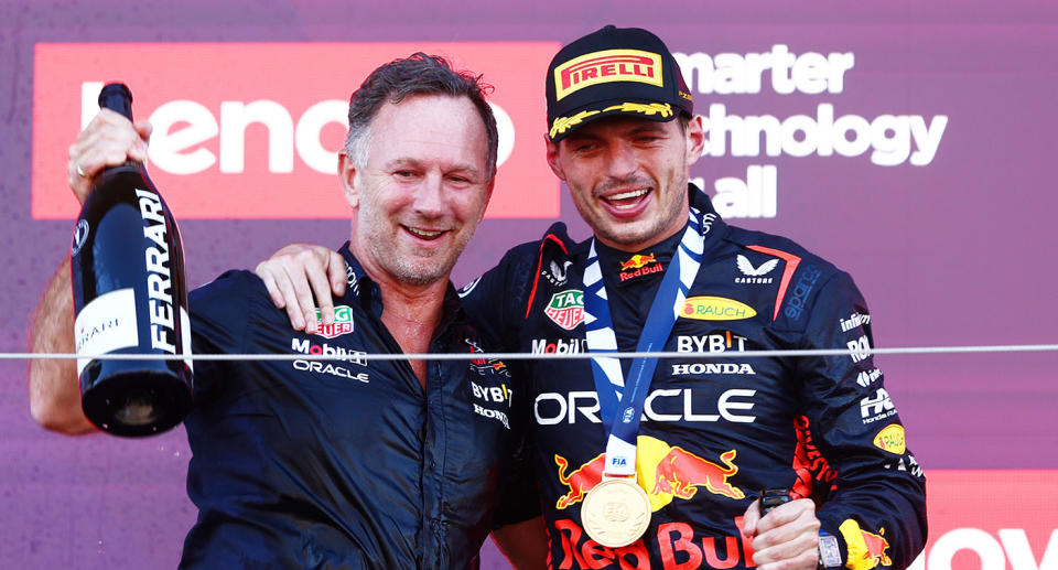 Seen here is Red Bull team principal Christian Horner and F1 world champion Max Verstappen.