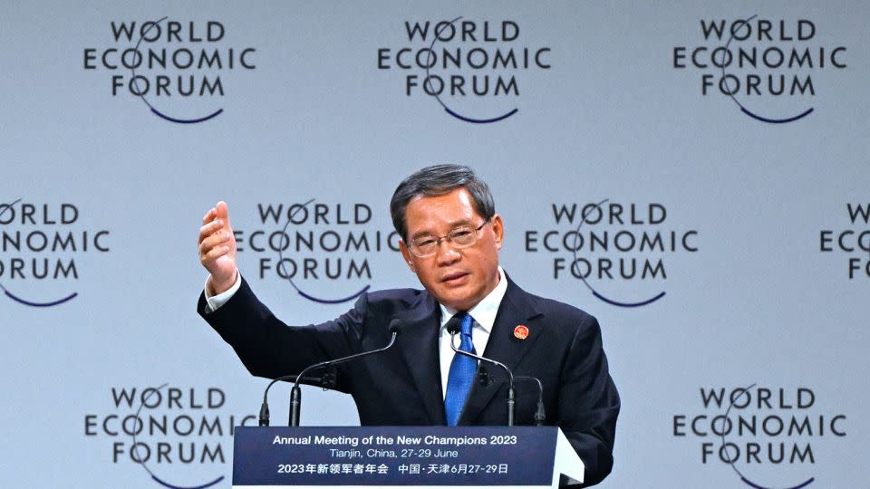 Premier Li Qiang delivers a speech at the World Economic Forum Annual Meeting of the New Champions in Tianjin, China on June 27, 2023. - Wang Zhao/AFP/Getty Images