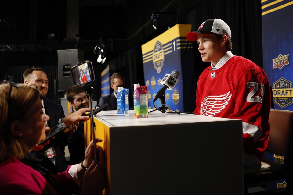Axel Sandin Pellikka speaks to the media after being selected by the Red Wings with the 17th overall pick of the NHL draft on Wednesday, June 28, 2023, in Nashville, Tennessee.