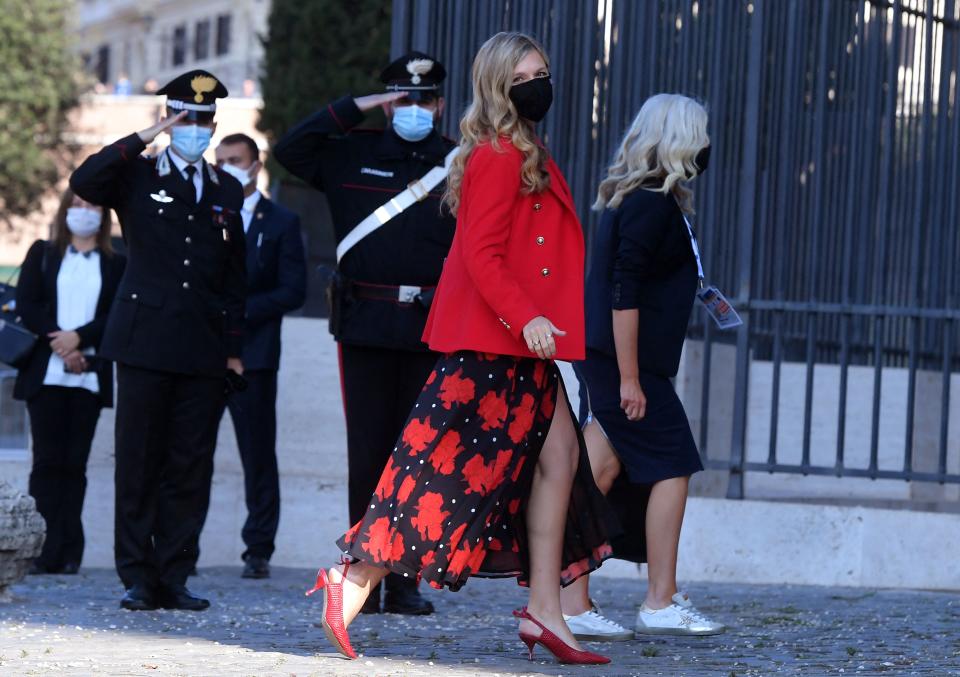 The Prime Minister's wife wore a £59.99 red blazer from Zara to visit the Colosseum. (Getty Images)