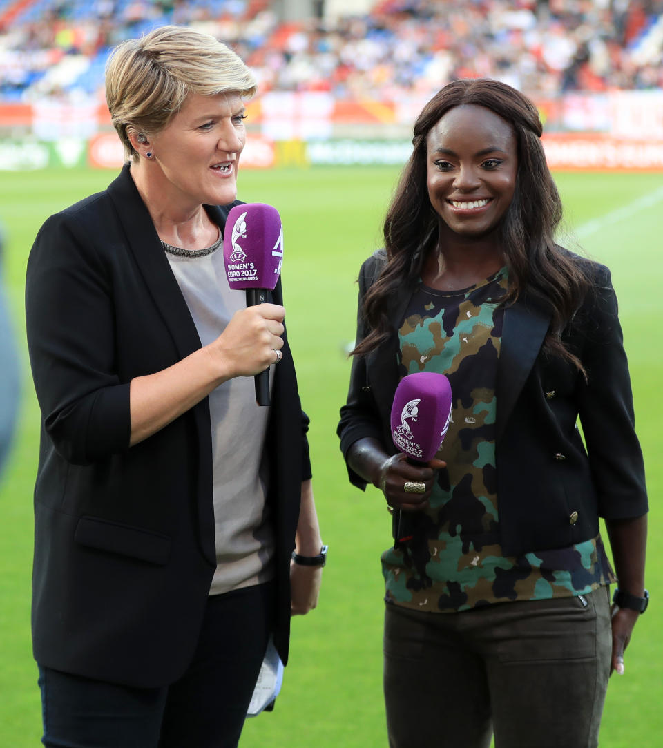 Presenter Clare Balding and Eniola Aluko during the UEFA Women's Euro 2017, Group D match at the Koning Willem II Stadion, Tilburg.