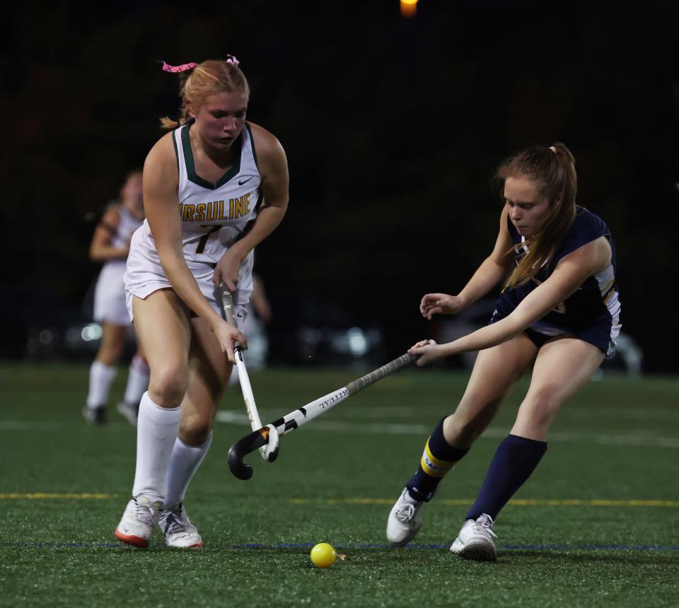 Harper Hodgett, left, of Ursuline was voted the Sept. 8 field hockey player of the week.