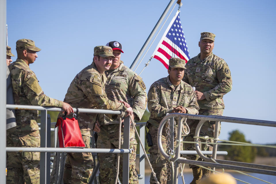 Soldiers of LLV Monterrey from 7th Transportation Brigade (Expeditionary) prepare to deploy to the Gaza Strip on Tuesday, March 12, 2024, at Joint Base Langley-Eustis in Hampton, Va. (AP Photo/John C. Clark)