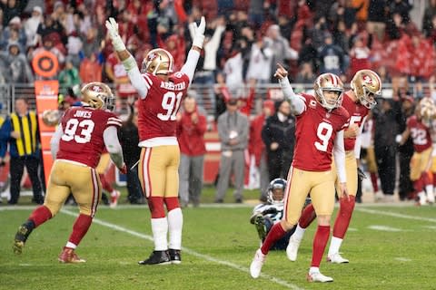 San Francisco 49ers kicker Robbie Gould (9) celebrates after kicking the game-winning field goal during overtime against the Seattle Seahawks at Levi's Stadium - Credit: Kyle Terada/USA TODAY