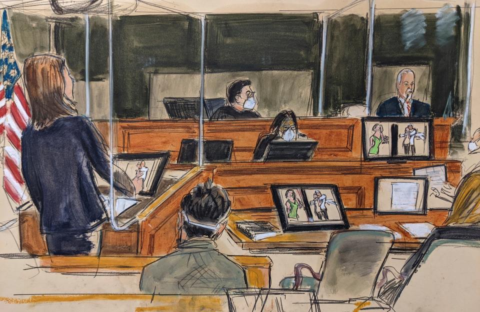 US attorney Maurene Comey conducts a direct examination of former Jeffrey Epstein pilot Lawrence Visoski. Photos of former Epstein assistant Sarah Kellen are displayed on monitors, one also showing Epstein. (AP)