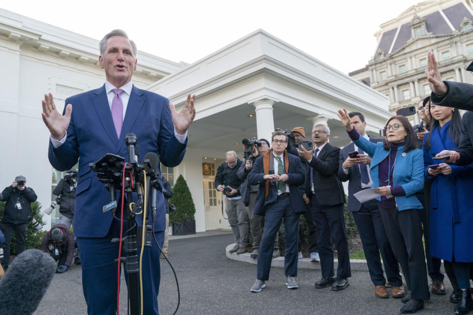 House Speaker Kevin McCarthy talks with reporters outside the West Wing of the White House in Washington following his meeting with President Biden on Wednesday, Feb. 1, 2023. / Credit: Jacquelyn Martin / AP