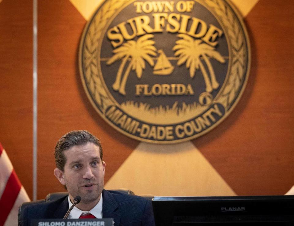Mayor Shlomo Danzinger speaks during a town commission meeting on Tuesday, March 12, 2024, at Surfside Town Hall.