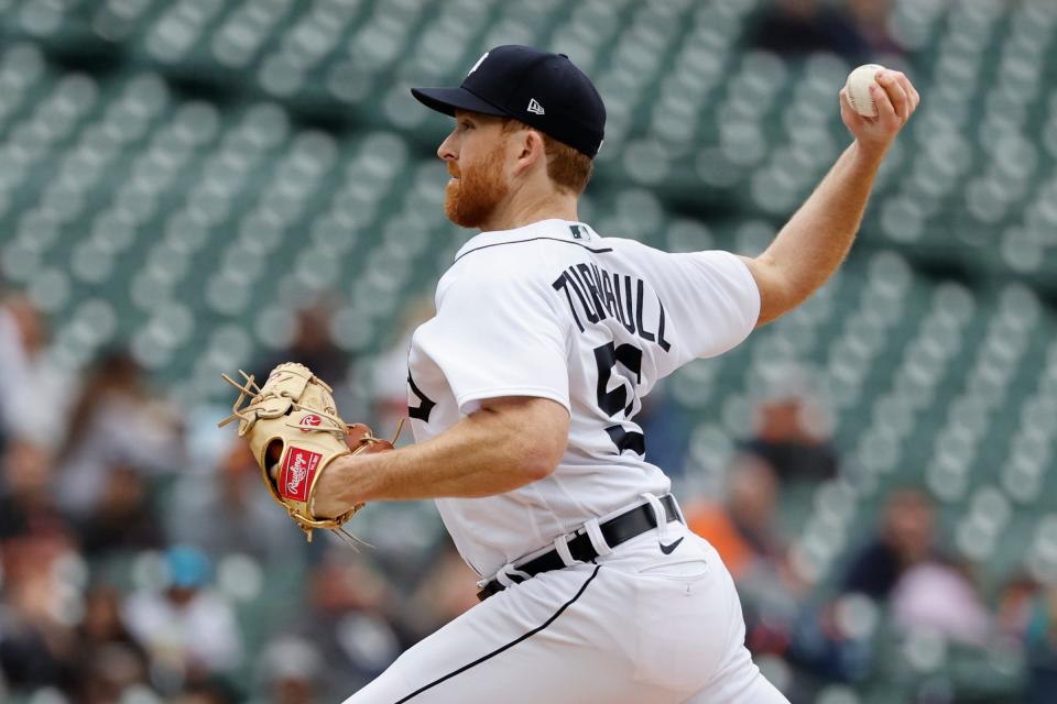 Tigers pitcher Spencer Turnbull pitches in the second inning against the Orioles on Sunday, April 30, 2023, at Comerica Park.