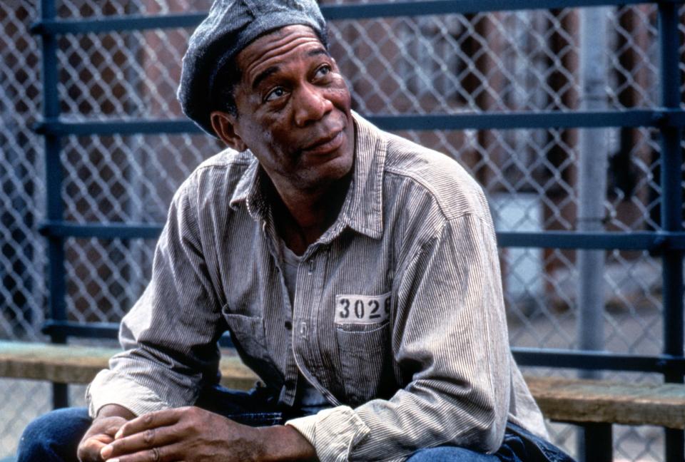 Morgan Freeman's character in his prison uniform looking up