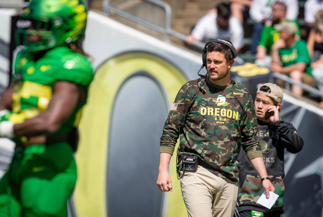 Oregon head coach Dan Lanning watches over the Oregon Spring Game at Autzen Stadium on Saturday, April 23, 2022. 