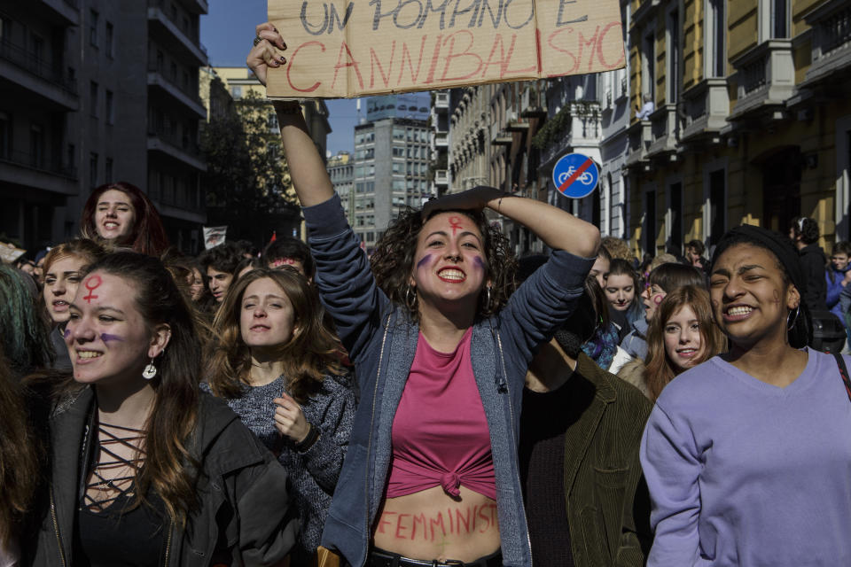<p>Students take part in a rally, demonstrating against gender violence and calling for gender parity on March 8, 2018, in Milan, Italy. (Photo: Emanuele Cremaschi/Getty Images) </p>