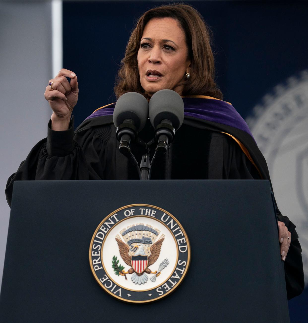 Vice President Kamala Harris delivers the commencement address during the Tennessee State University graduation ceremony at Tennessee State University Saturday, May 7, 2022, in Nashville, Tenn. 