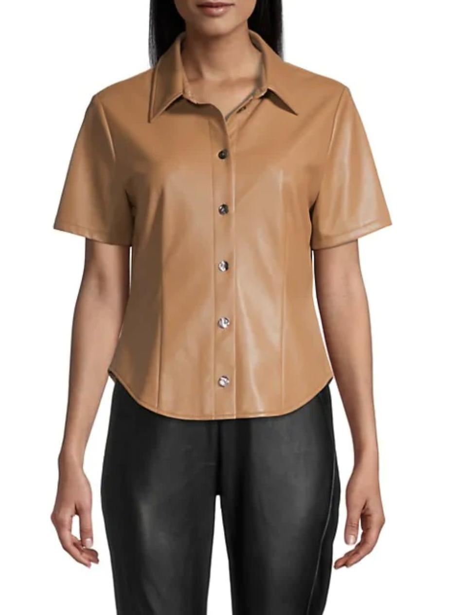 <p>This menswear-inspired <span>Elie Tahari Faux Leather Shirt</span> ($83, originally $185) is easy to pair with your favorite bottoms. We like the colorful leather take on a traditional shirt style.</p>