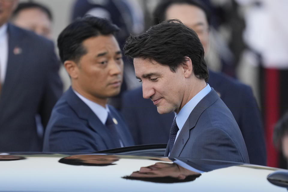 Canadian Prime Minister Justin Trudeau gets into a car upon his arrival at the Seoul airport in Seongnam, South Korea, Tuesday, May 16, 2023. Trudeau arrived Tuesday in South Korea and will meet with South Korean President Yoon Suk Yeol, before heading to Japan for a G7 summit. (AP Photo/Lee Jin-man)