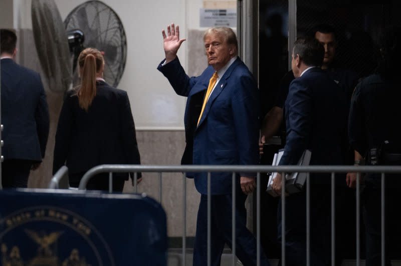 Former President Donald Trump leaves the courtroom during a break in his criminal trial at Manhattan criminal court in New York on Thursday. Pool Photo by Jeenah Moon/UPI