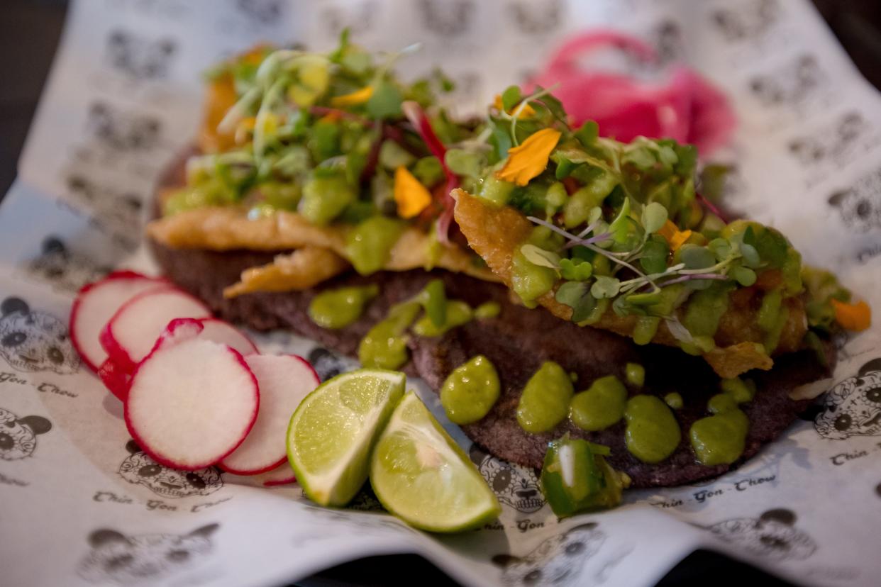 Chicken chicharron tacos are prepared at the Asian-inspired Taqueria, Chin-Gon-Chow, on Thursday, June 20, 2024. The restaurant will open on Taco Tuesday, June 25, at 11360 Montwood Drive in East El Paso.