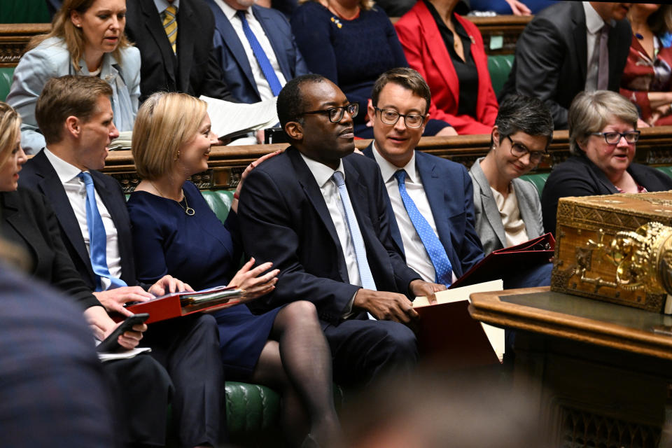 British Prime Minister Liz Truss and the Chancellor of the Exchequer Kwasi Kwarteng attend the Government's Growth Plan statement at the House of Commons, in London, Britain, September 23, 2022. UK Parliament/Jessica Taylor/Handout via REUTERS    THIS IMAGE HAS BEEN SUPPLIED BY A THIRD PARTY. MANDATORY CREDIT.  IMAGE MUST NOT BE ALTERED.