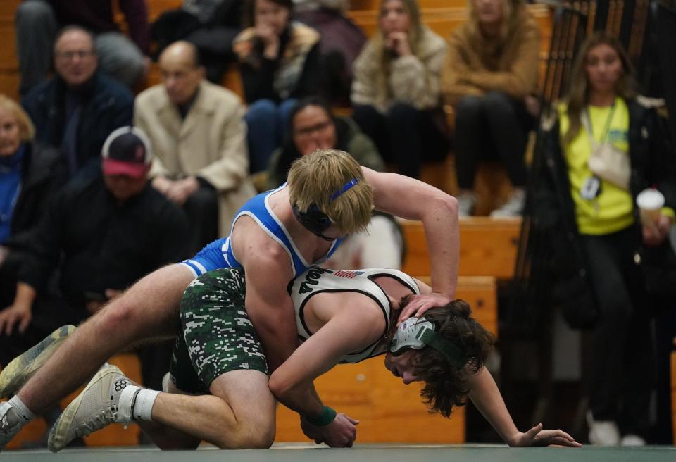 Pearl River's Aidan Veirun pins Pleasantville's Vincent Shahinillari in the 145-pound match of the Section 1 Division II Dual Meet Tournament championship at Pleasantville High School in Pleasantville on Thursday, December 15, 2022.
