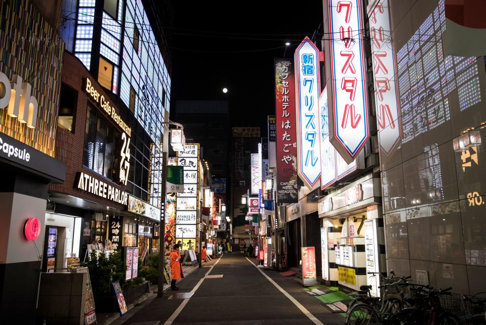 A general view shows an empty street of at Tokyo's entertainment district of Kabukicho on April 7, 2010. - Japan's Prime Minister Shinzo Abe on April 7 declared a month-long state of emergency in Tokyo and six other parts of the country over a spike in coronavirus cases. (Photo by Behrouz MEHRI / AFP) (Photo by BEHROUZ MEHRI/AFP via Getty Images)