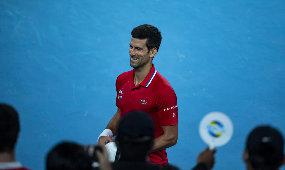 Novak Djokovic celebrates after his victory over Alexander Zverev during day four of the 2021 ATP Cup at Rod Laver Arena on February 05, 2021 in Melbourne, Australia.