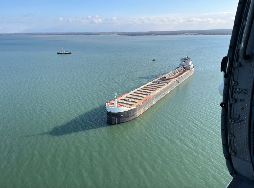 The American Mariner struck a Munuscong Lake junction buoy and light early Thursday morning and anchored in the lake, closing a section of the St. Marys River to traffic.