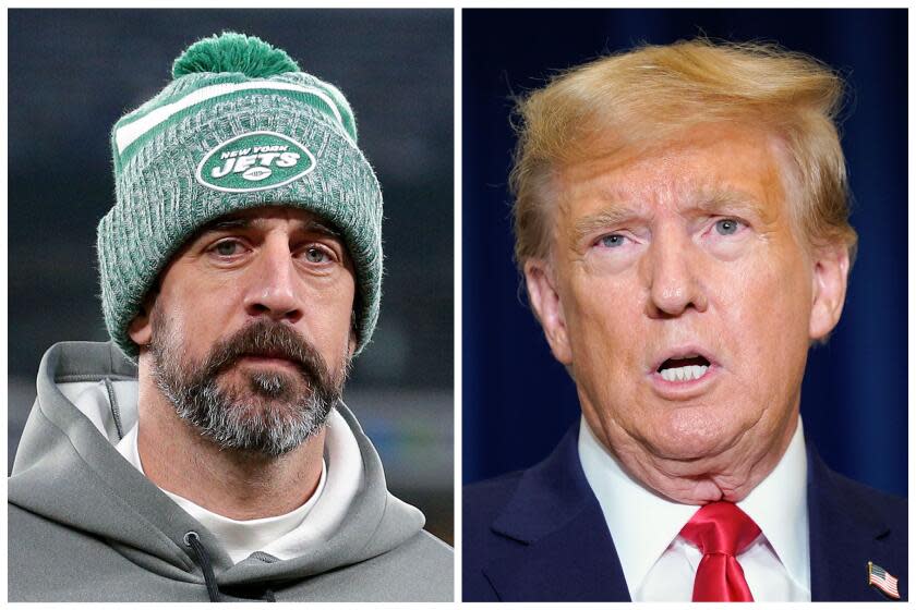 Aaron Rodgers and Donald Trump side by side portraits.