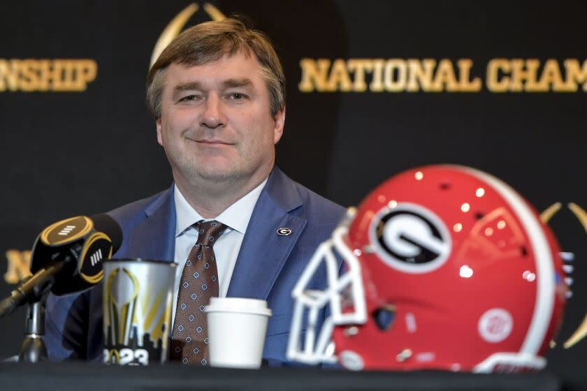 Georgia head coach Kirby Smart speaks during a news conference ahead of the national championship NCAA College Football Playoff game between Georgia and TCU, Sunday, Jan. 8, 2023, in Los Angeles. The championship football game will be played Monday. (AP Photo/Mike Stewart)