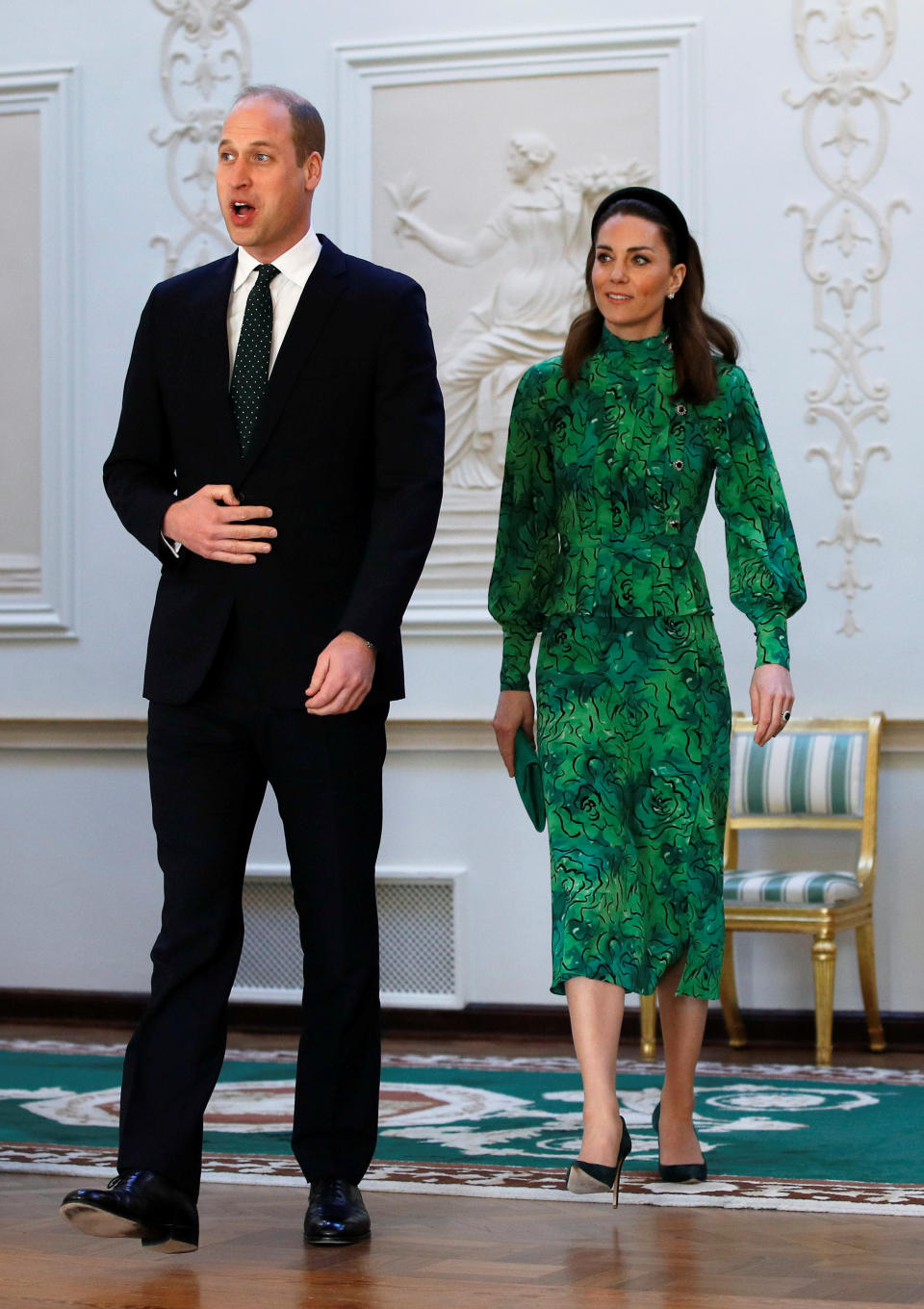 The duchess stunned in a green printed Alessandra Rich dress. (Photo: Getty Images)