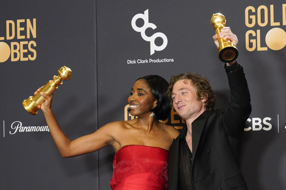 Ayo Edebiri, left, winner of for best performance by an actress in a television series, musical or comedy for "The Bear", and Jeremy Allen White, winner of the award for best performance by an actor in a television series, musical or comedy for "The Bear," pose in the press room at the 81st Golden Globe Awards on Sunday, Jan. 7, 2024, at the Beverly Hilton in Beverly Hills, Calif. (AP Photo/Chris Pizzello)