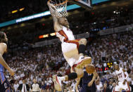 Miami Heat's Chris Andersen dunks during the first half in Game 2 of an opening-round NBA basketball playoff series against the Charlotte Bobcats, Wednesday, April 23, 2014, in Miami. (AP Photo/Lynne Sladky)