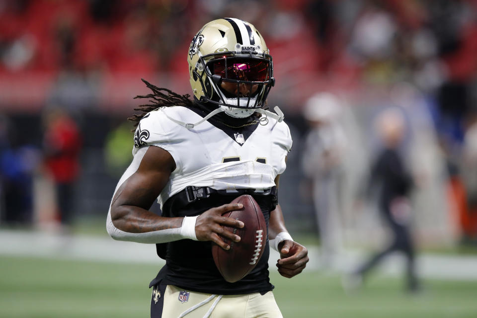 Alvin Kamara #41 of the New Orleans Saints has tricky fantasy value this season