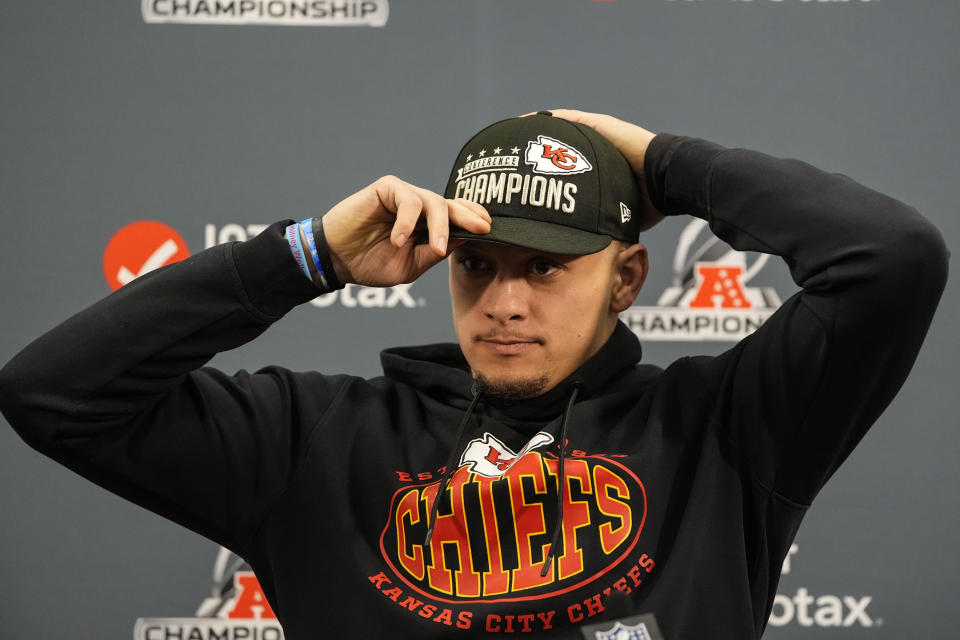 Kansas City Chiefs quarterback Patrick Mahomes speaks during a news conference after an AFC Championship NFL football gameagainst the Baltimore Ravens, Sunday, Jan. 28, 2024, in Baltimore. The Kansas City Chiefs won 17-10. (AP Photo/Alex Brandon)