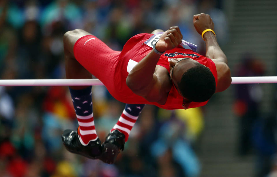 Erik Kynard of the U.S. competes in the men's high jump final during the London 2012 Olympic Games at the Olympic Stadium August 7, 2012. REUTERS/Kai Pfaffenbach (BRITAIN - Tags: SPORT ATHLETICS OLYMPICS) 