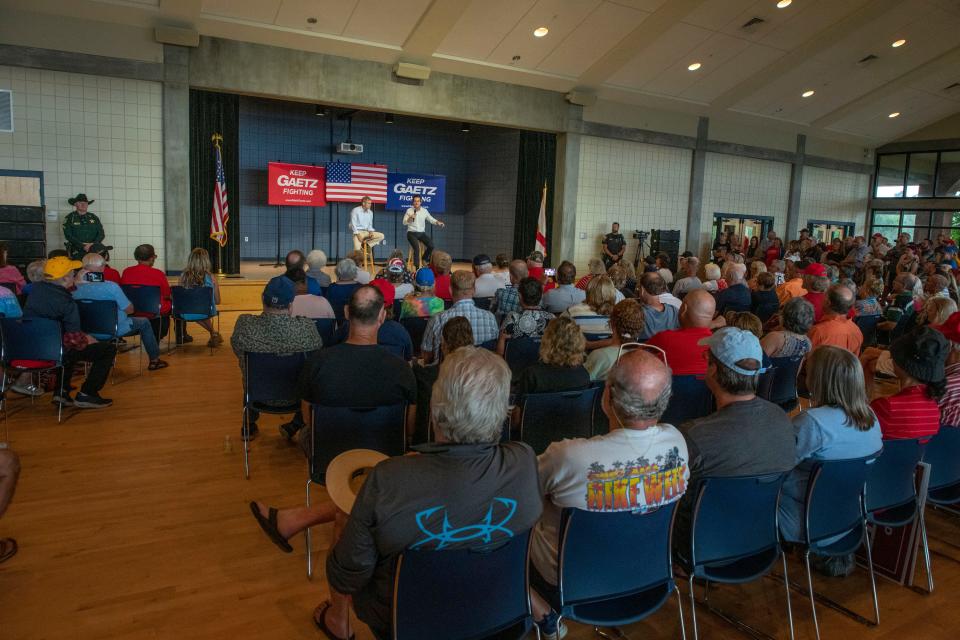 U.S. Rep. Matt Gaetz speaks to the crowd during his rally Aug. 13 at the Sanders Beach Corinne Jones Resource Center.