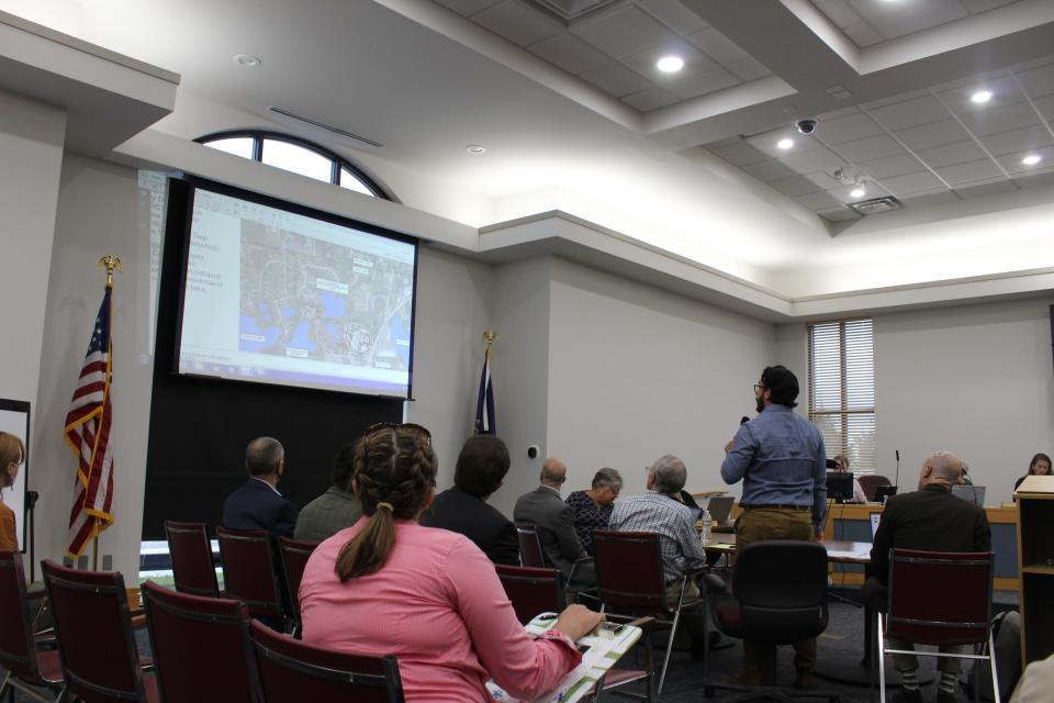 Civil engineer Michael Campos of SmithGroup speaks to stormwater drainage concerns during the Genoa Township Planning Commission meeting Monday, Aug. 8, 2022.