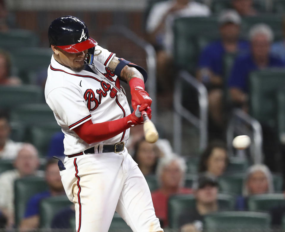 Atlanta Braves second baseman Orlando Arcia hits a walk off single to beat the San Francisco Giants 2-1 during the ninth inning of a baseball game on Monday, June 20, 2022, in Atlanta. (Curtis Compton/Atlanta Journal-Constitution via AP)