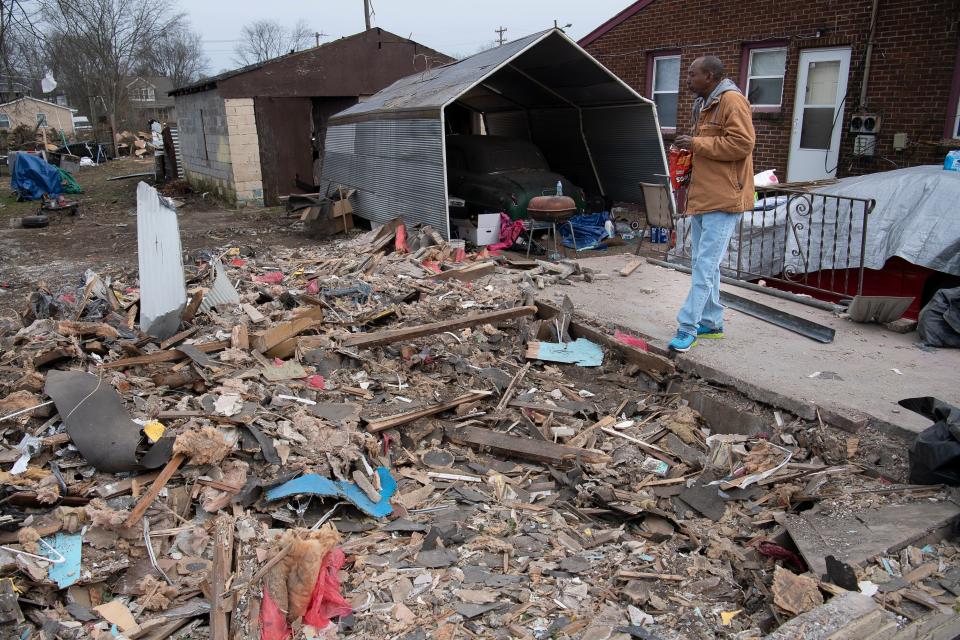 Sam Brown checks on his property on March 9, 2020 in Nashville, Tenn. Brown’s home was destroyed after a tornado ripped through the city.