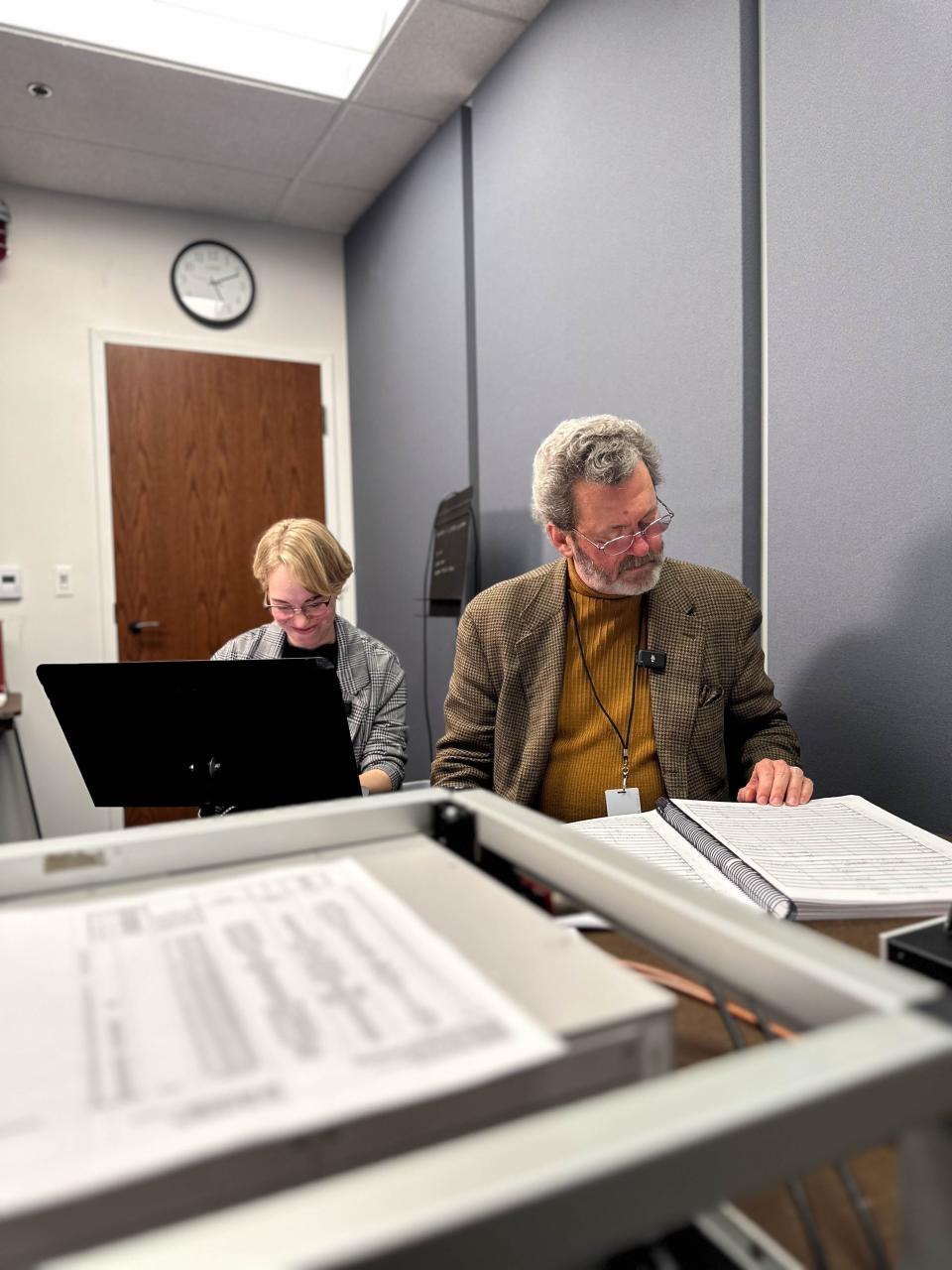 DSO concertmaster Robyn Bollinger and record producer Blanton Alspaugh of Soundmirror oversee recording of Wynton Marsalis' "Blues Symphony" at Orchestra Hall on Dec. 2, 2023.